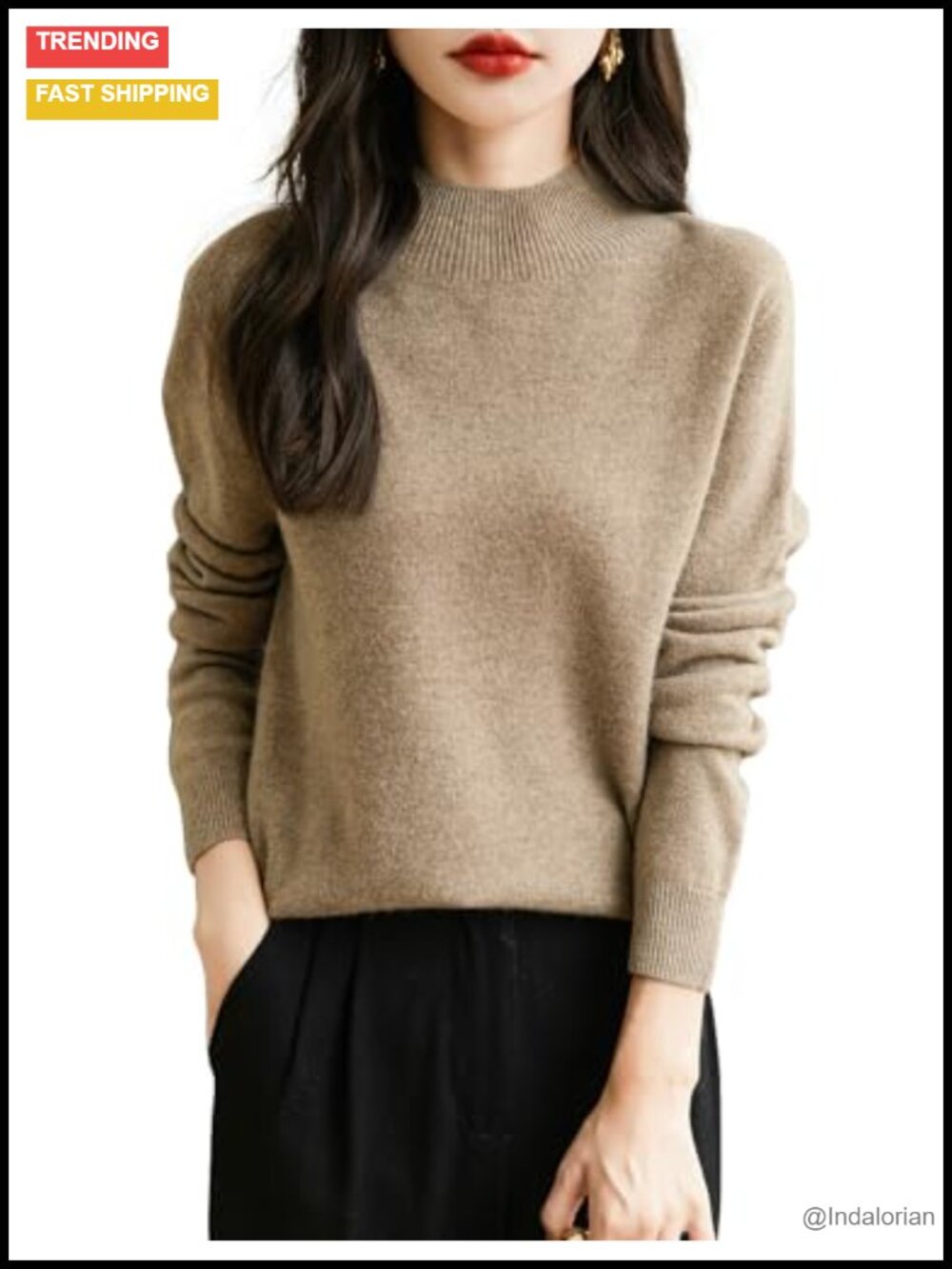 100% Merino Wool Seamless Mock Neck Pullover Sweater